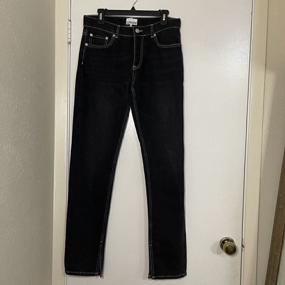NWOT GANNI Men's Black wash straight leg split hem denim jeans size US 29 x 34